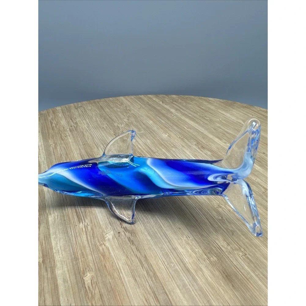 Hand Blown Art Glass Aqua-Blue Swirl Jumping Dolphin Figurine Paperweight 6 inch